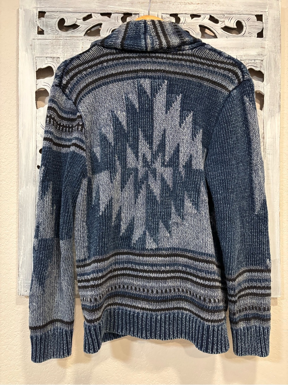 Lucky Brand Men's Southwestern Aztec Shawl Blue Patterned Knit Cardigan Sweater - Picture 5 of 10